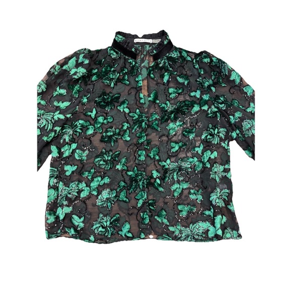 Alice + Olivia Zina Burnout Velvet Sheer Blouse In Black/Emerald Women's Large - Picture 13 of 14